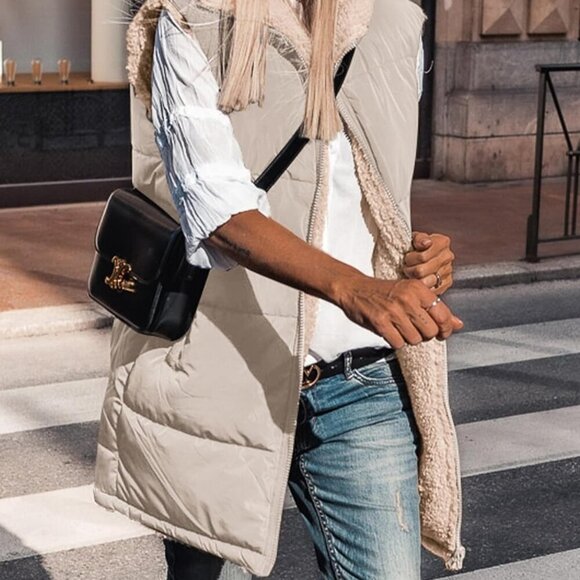 Fall Long Puffer Vest Women Sleeveless Hooded Reversible Fleece Sherpa Jacket Zi - Picture 3 of 5